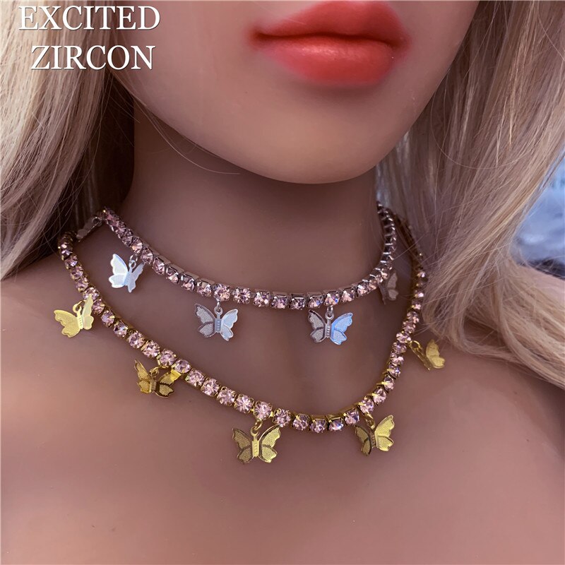 Boho strass borboleta charme com corrente de cristal moda colares bijoux para feminino elegante bling cristal gargantilha jóias