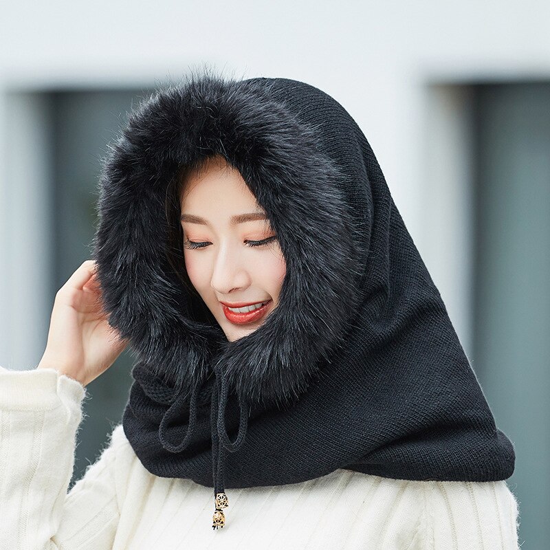 Adult Plus Velvet Hat Female Multi-Fuction Knitted Cashmere Hat Collar Set Winter Neck Warmer Hooded Earmuffs Warm Thickened