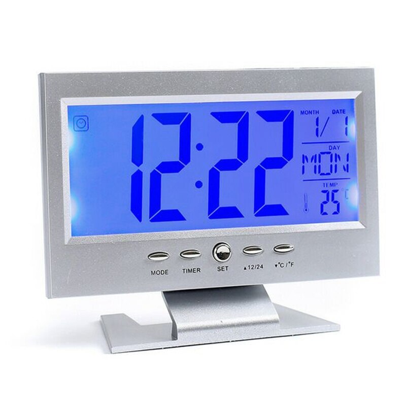 LCD Digital Time Alarm Clock Multifunction Snooze Calendar Temperature Night Display Sound Activated Table Clock: Silver