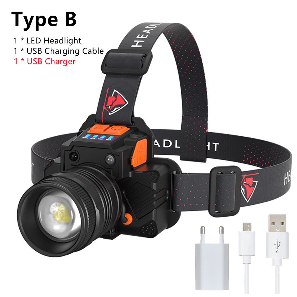 LED Headlamp Rechargeable Headlight 800 Lumen Sensor Waterproof Head Lamp 3 Modes Adjustable Headband Flashlight: Type B