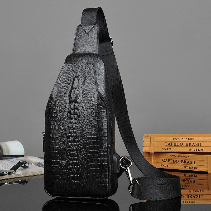 hommes sac de poitrine sac Messenger en cuir USB chargement coffre Pack Alligator décontracté sac à bandoulière homme Crocodile motif sacs à bandoulière