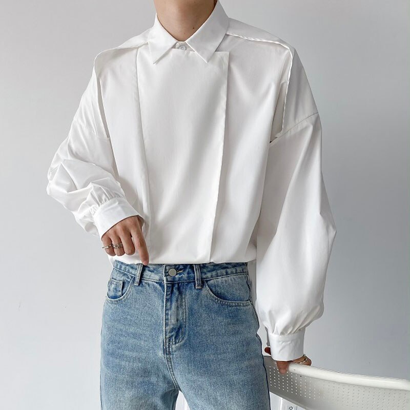 2022 Mannen Gevouwen Lange Mouw Niche Lange Mouwen Losse Casual Shirts Mannen Koreaanse Japanse Harajuku Streetwear Shirt Tops