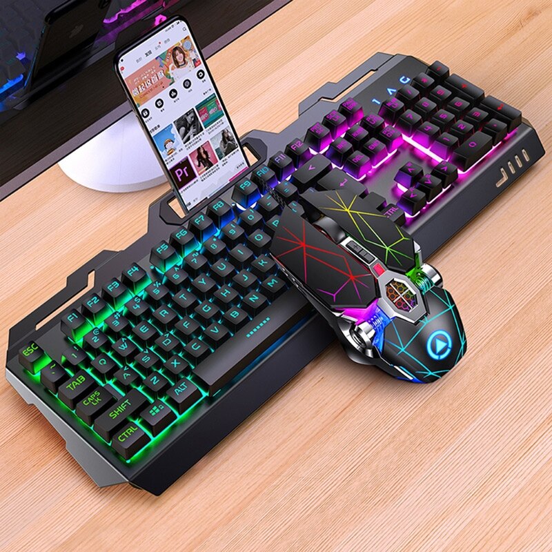 104Keys RGB Aluminum Alloy Gaming Keyboard and RGB Gaming Mouse Set with Mobile Phone Stand Function Key