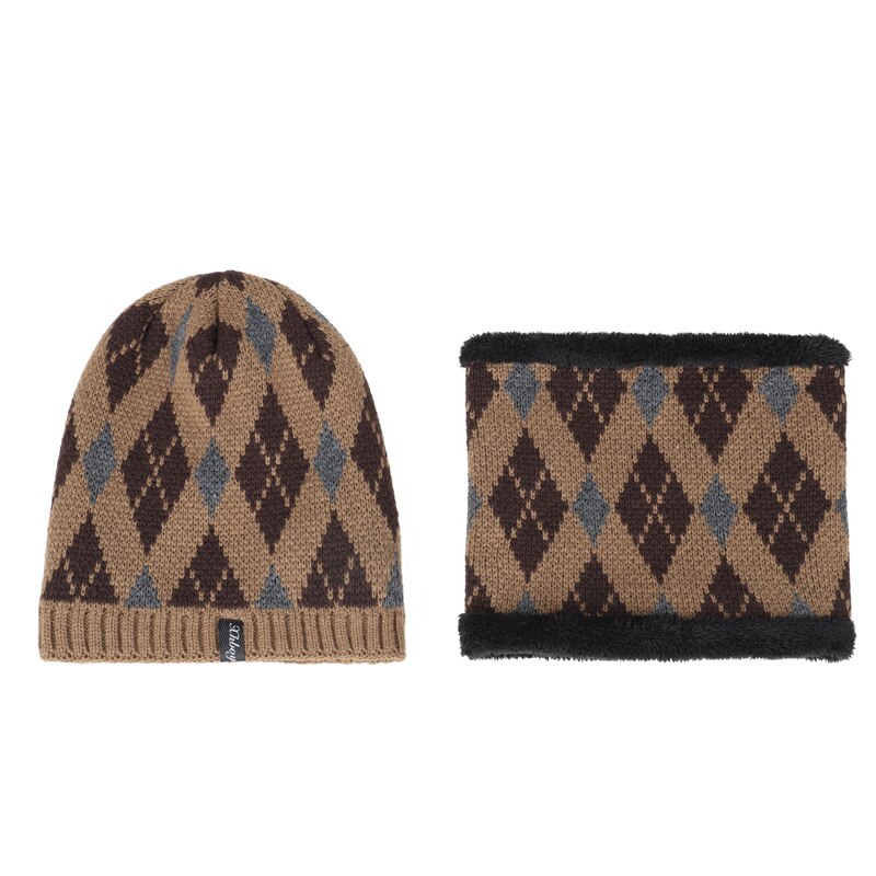 Winter Warm Pak Hoeden Sjaal 2 Stuk Fluwelen Katoenen Mannen Beanie Hat Unisex Ring Bib Skullcap Hedging Caps klassieke Plaid: Khaki