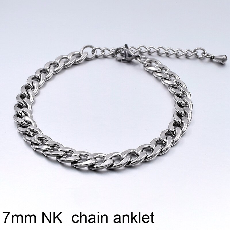 Tobillera de acero inoxidable para hombre y mujer, pulsera de tobillo para la playa, cadena para la pierna, Color plateado,: 7mm NK chain Anklet