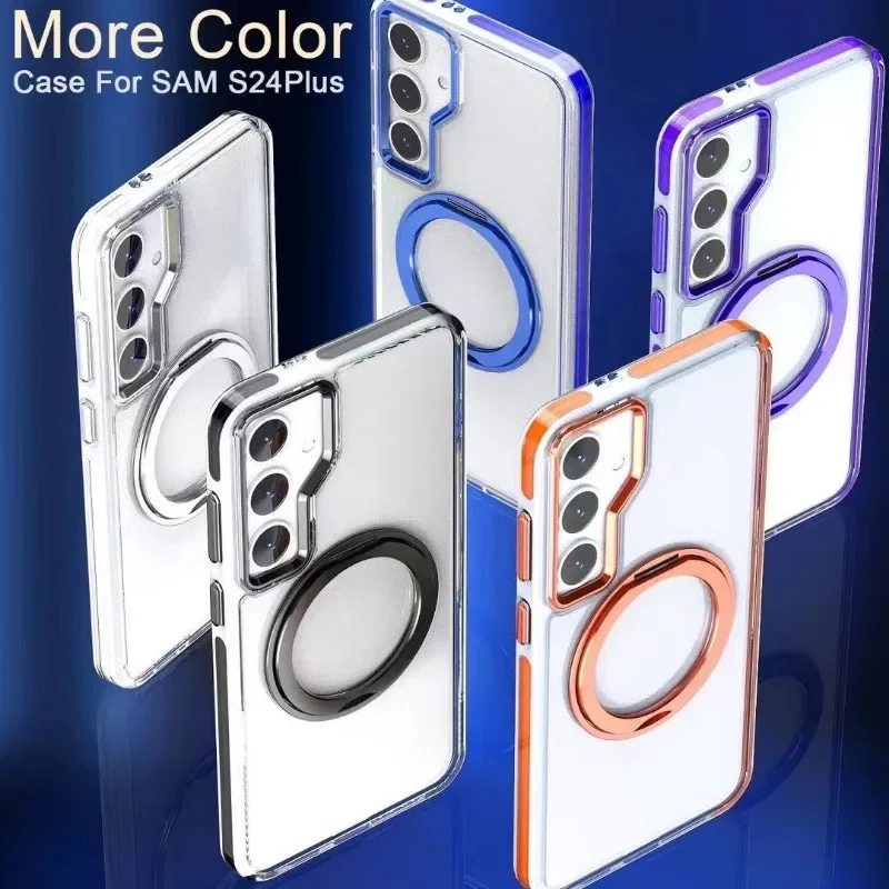 Magnetische Saugnapf-Handyhülle mit drehbarer Halterung für Samsung Galaxis S24 S23 Ultra Plus, transparente, stoßfeste Kunststoff-Konservierungsabdeckung