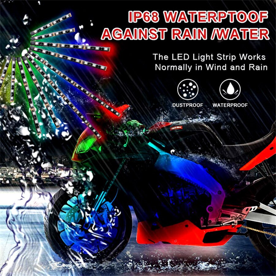 12 in 1 Motorcycle 5050 SMD RGB LED Ambient Light DC 12V Under Glow Strip Light Kit Remote Control 15 colors