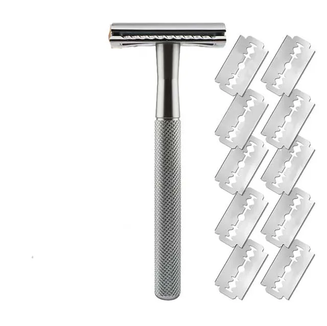 Afeitadora masculina de acero inoxidable, maquinilla de afeitar de seguridad con mango ponderado, recambios de cuchillas de doble filo, maquinilla de afeitar de una sola hoja para hombres: Azul