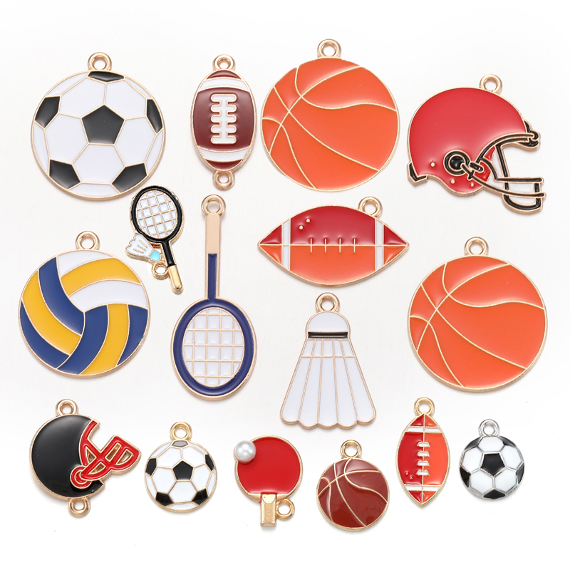 10 stuks geëmailleerde rugby-, voetbal- en badmintonracketbedeltjes voor armbanden, sleutelhangers, kettingen en sieraden, accessoires voor het maken van sieraden  w363