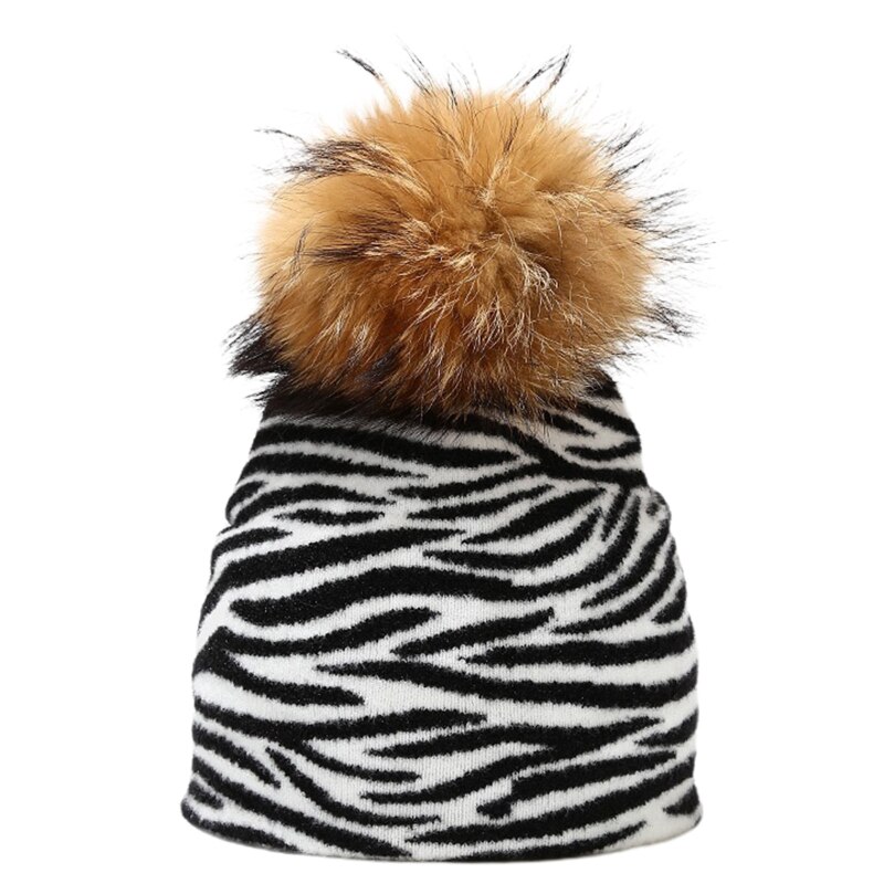 Unisex schattige koe zebra print muts afneembare pompon warme gebreide schedelmuts: D