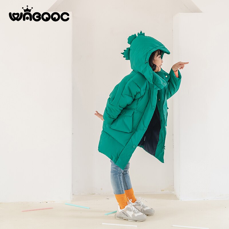 Winter kinder donsjack meisjes dinosaurus warme kinderkleding meisjes afneembare muts 2-3-8 jaar dikke lange jas: Groente / 3t