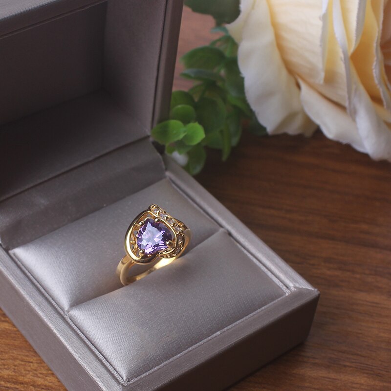Ajojewel Gold Color Heart Zirconia Women Rings For Bride Wedding Purple Crystal Ring Engagement Ring Girl Bague