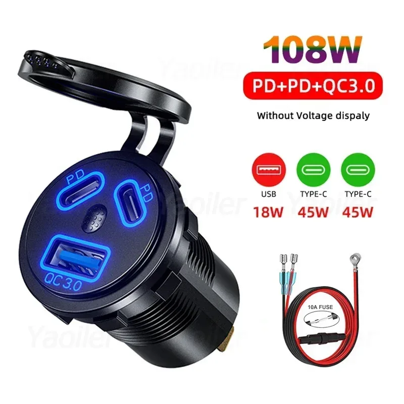 12V/24V USB-Steckdose 108W 3 Häfen Autoladegerät Dual 45W PD Typ C & 18W QC 3.0 USB-Ladegerät für Motorrad-Steckdose Ladeadapter: Grau