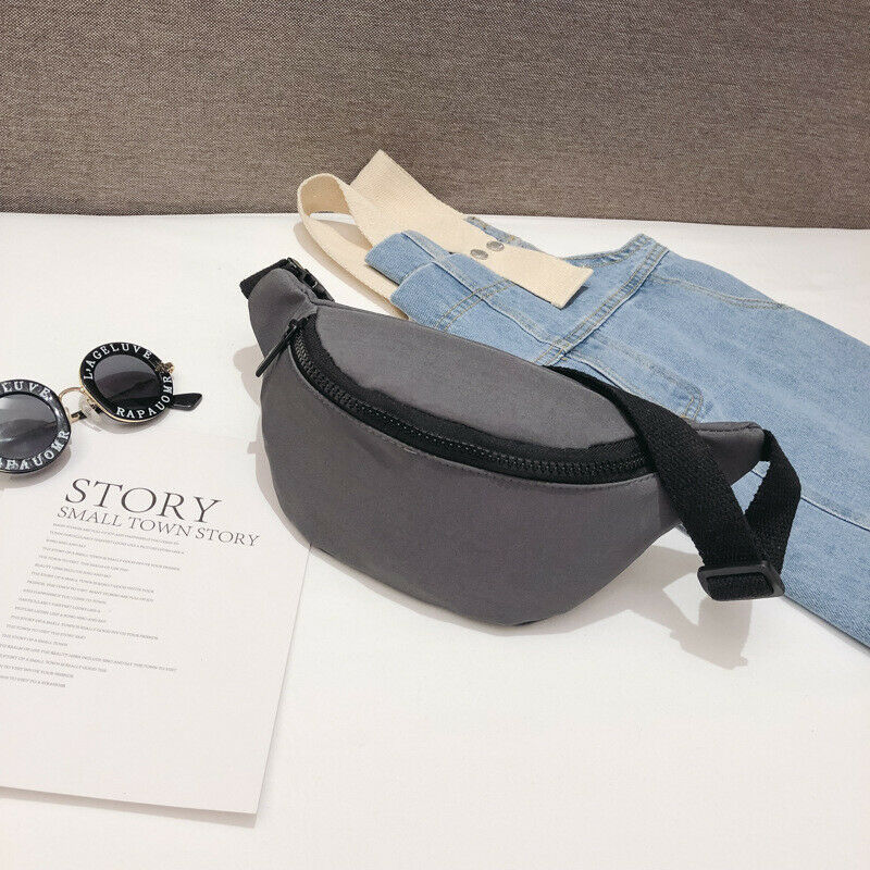 Mignon fille dame taille sac décontracté solide couleur nylon fermeture éclair fanny pack extérieur voyage poitrine sac: Gris