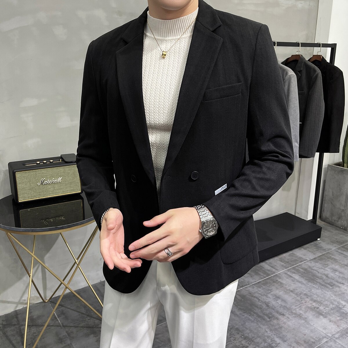 Chaqueta a rayas de doble botonadura para hombre, Blazer grueso de estilo británico, de corte entallado ropa sencilla, traje informal, abrigos de negocios, S-3XL Formal