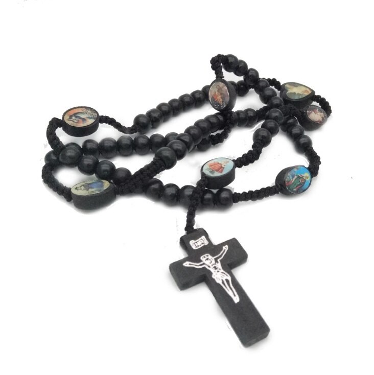 Salem – collier chapelet avec croix et jésus, ornement religieux et catholique: black