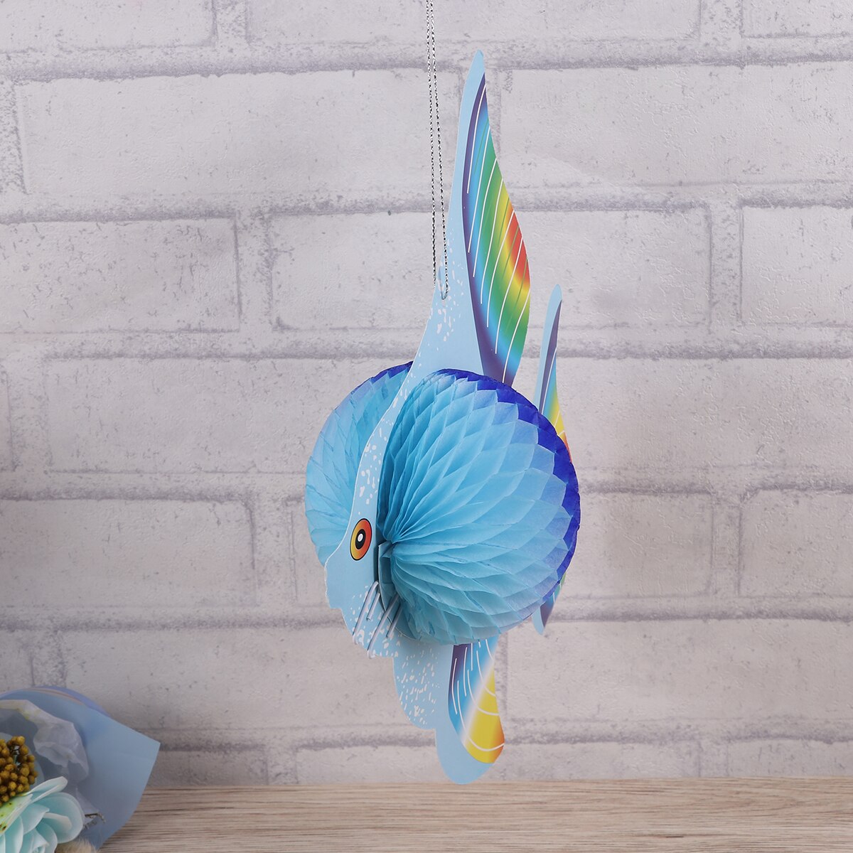 6pcs Colorful Tissue Paper Goldfish Foldable Tropical Fish Decoration Hanging Ornament Party Supplies (Gold + + Blue)