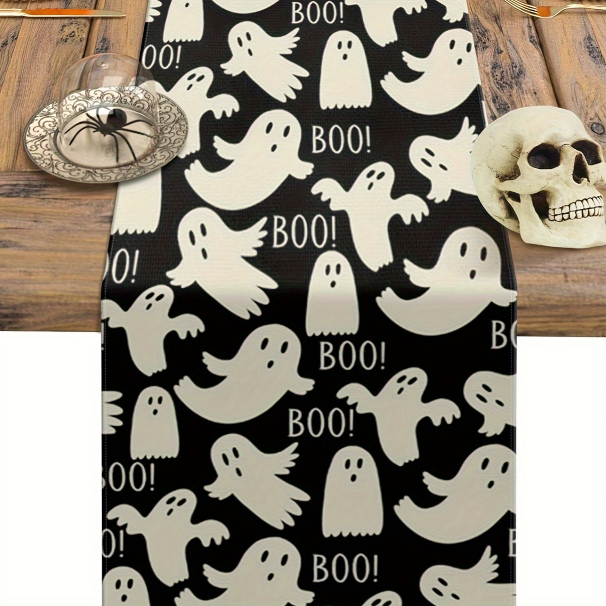 Camino de mesa de tela de fantasma de Halloween bohemio, decoración del hogar, camino de mesa de cocina negro festivo tejido, adecuado para suministros de