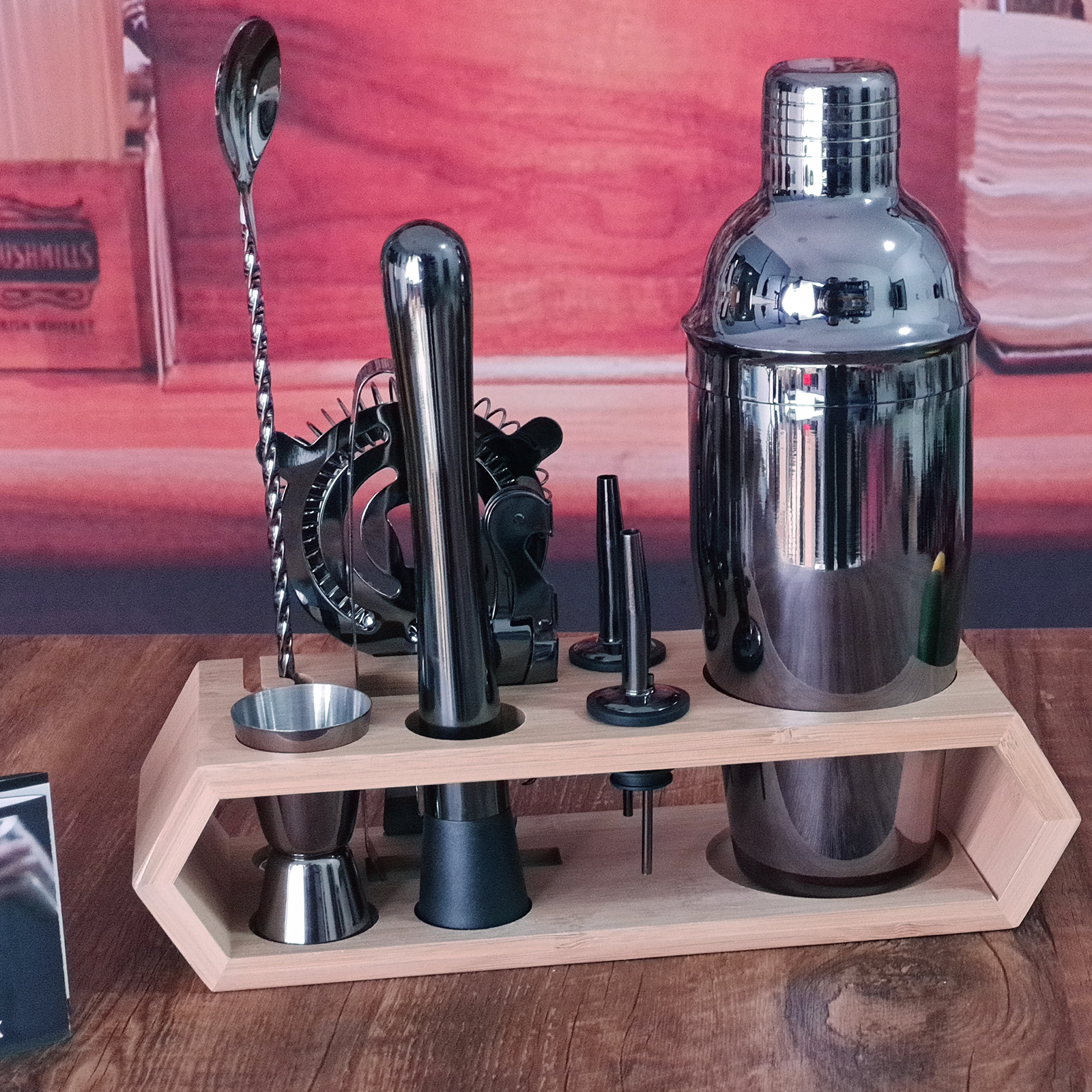 Cocktail Shaker Set Rose Gold,10-Piece Bartender Kit With Bamboo Stand,Tools Very Suitable For Family Party Use