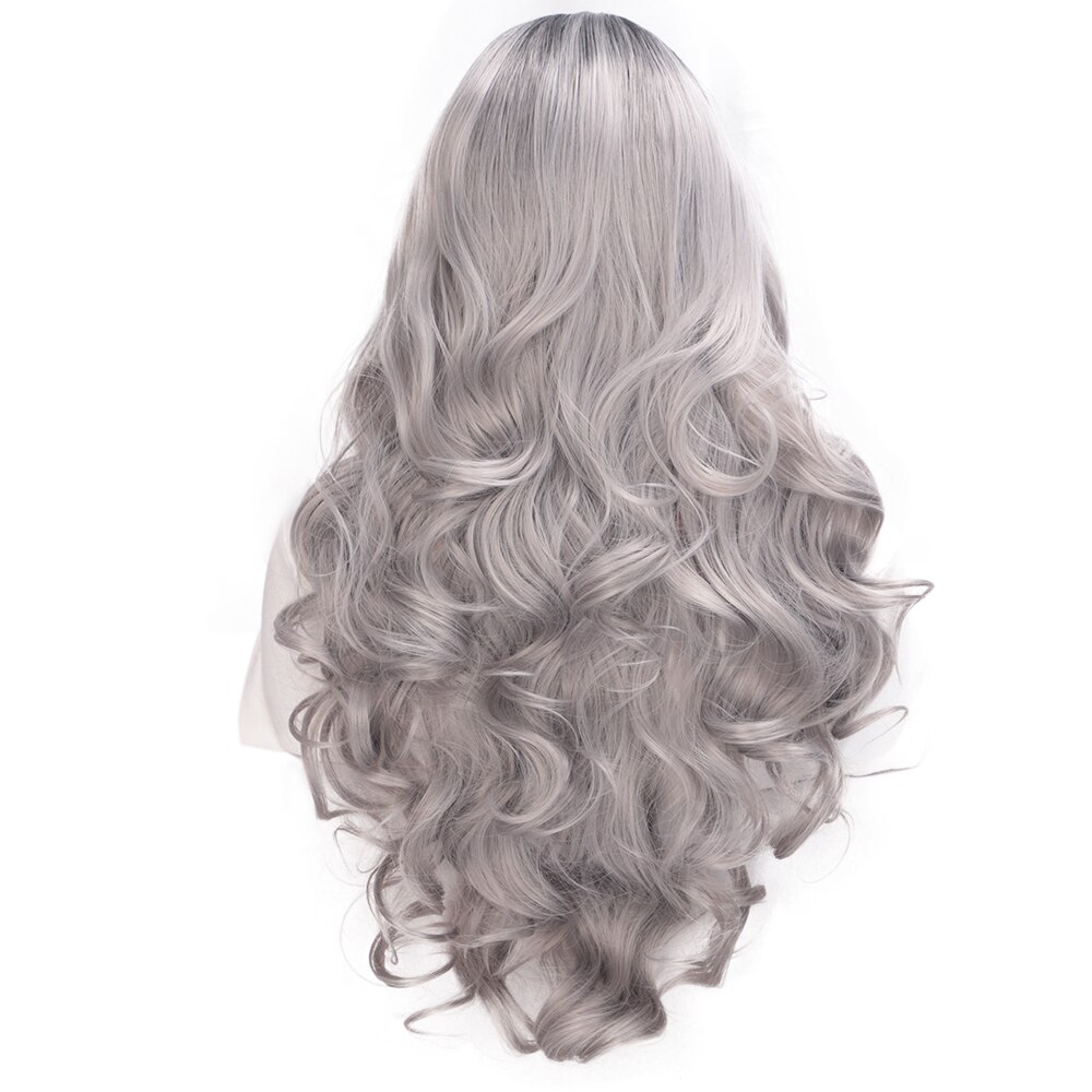 Peluca de pelo negro largo ondulado AISI, pelucas sintéticas de encaje frontal para mujeres negras, Peluca de fibra resistente al calor de parte Natural: Silver