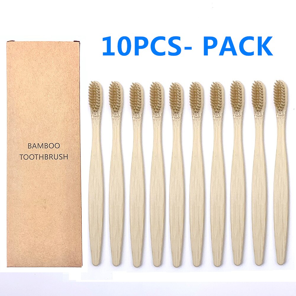 10-Pack Bunte Natürliche Bambus Zahnbürste Umwelt Holz Regenbogen Bambus Zahnbürste Mundpflege Weichen Borsten: 10PCS Light Brown