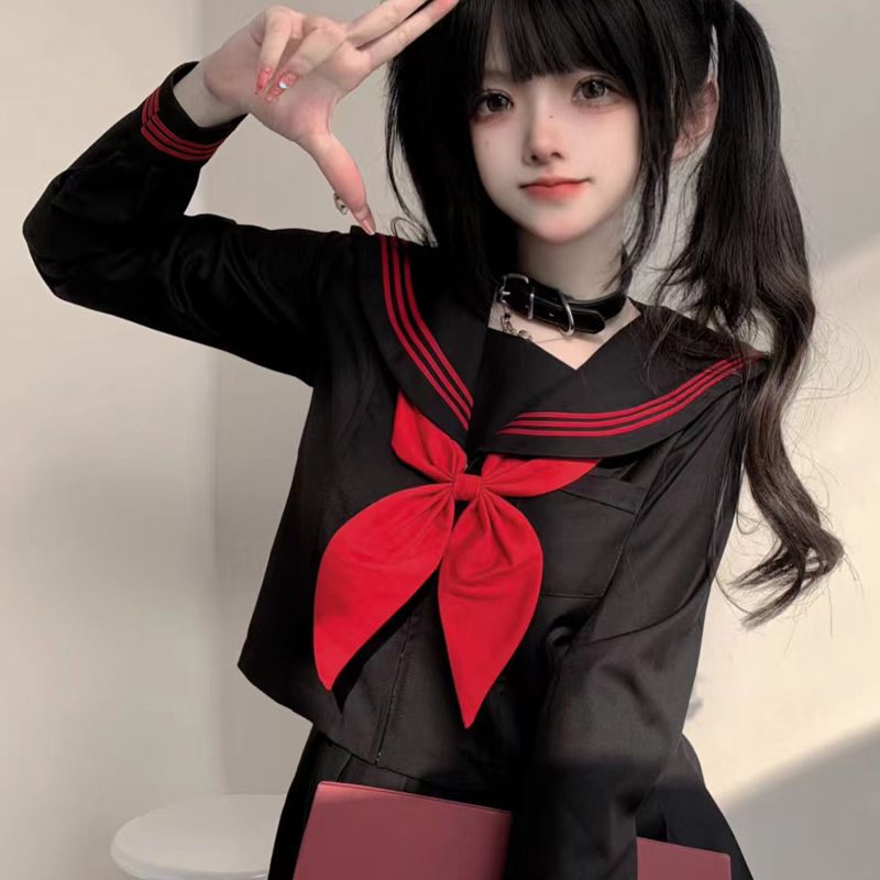 Japan echte Schuluniform Anzug Seemann JK Basic Cartoon Mädchen Marine Seemann Uniform schwarz setzt Marine Kostüm Frauen Mädchen Kostüm: XXL / Beige