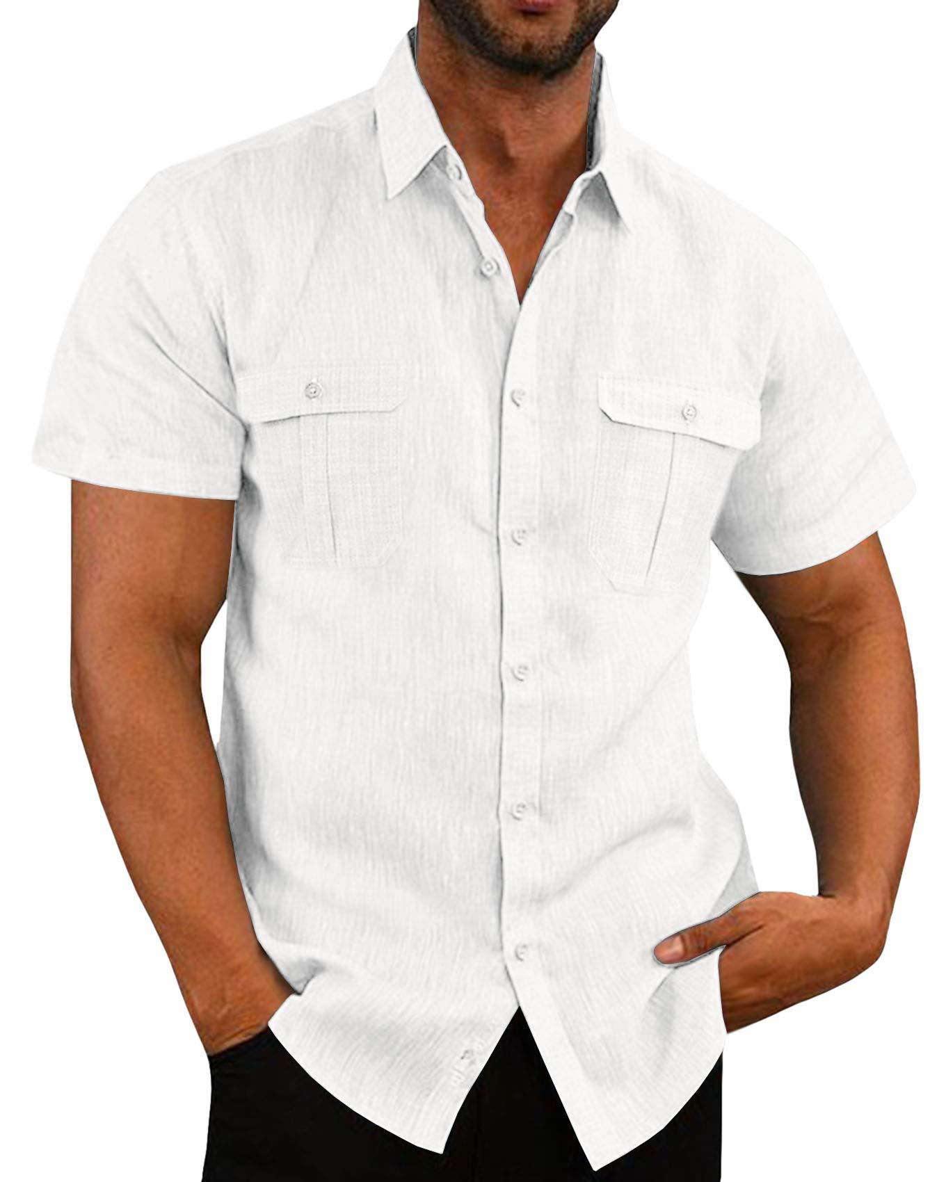 Bomull linne herr kortärmade skjortor sommar enfärgade ståkrage avslappnad strandstil plus size herrskjortor m -5xl: Xl / Beige