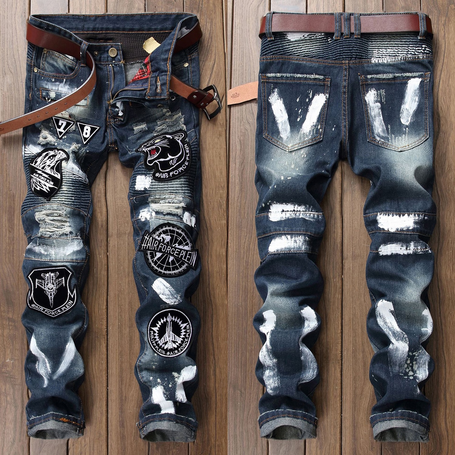Pantalones vaqueros ajustados con parches para hombre, Jeans rasgados desgastados de motorista, Jeans de Motor con agujeros y pintados, imprescindibles para jóvenes;