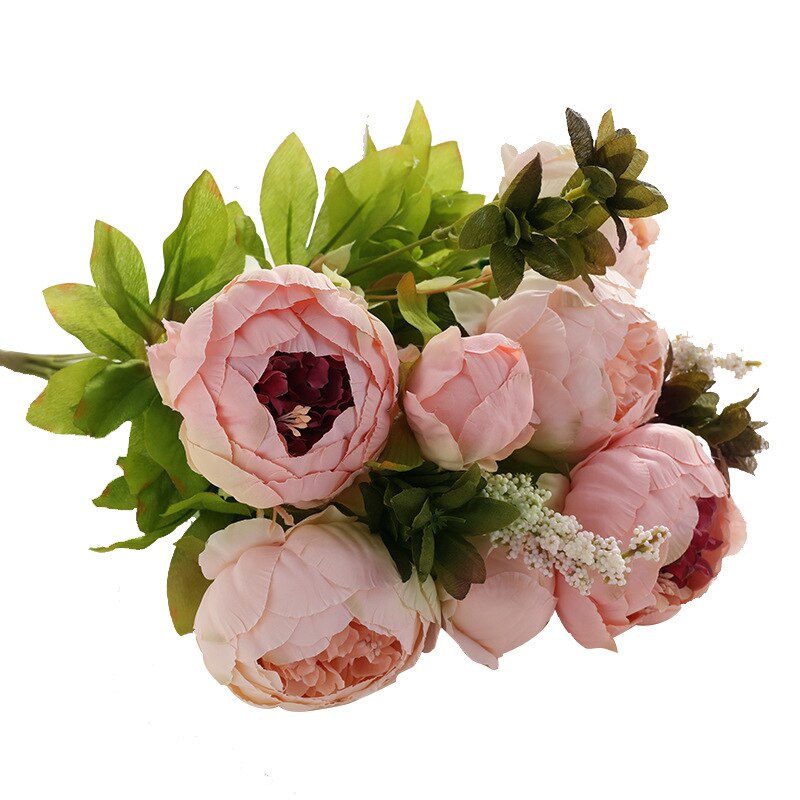 13 grener små ferske, kunstig silkepionbuketter store blomster til bryllupsfest kontorhotell og hjemmedekorasjon: 18