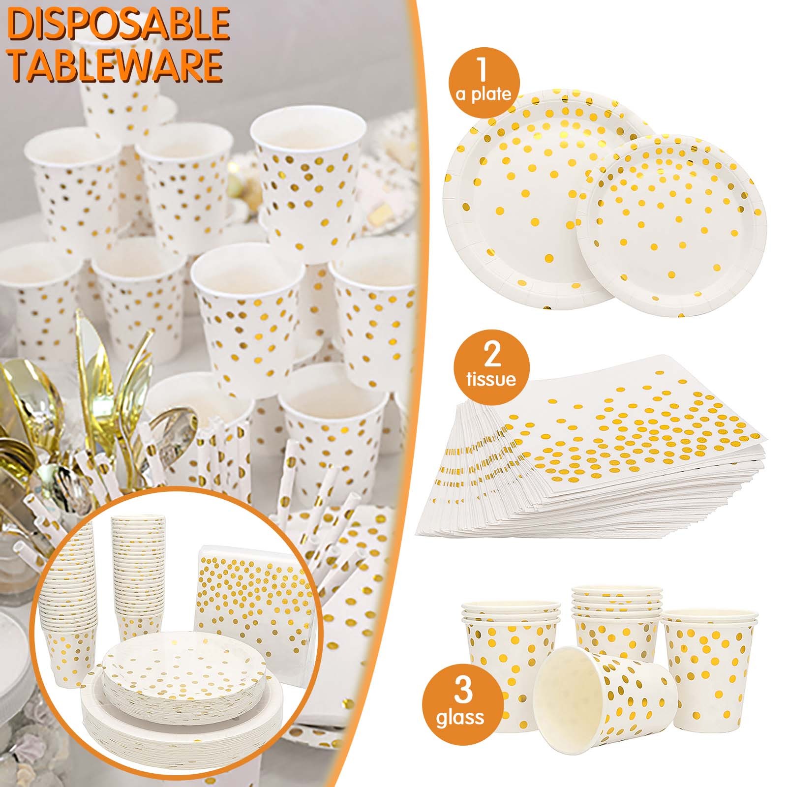 Party Supplies Set Disposable Gold Point Paper Dish Meal Napkin Paper Cup Party Disposable Paper Plates Cups Napkins