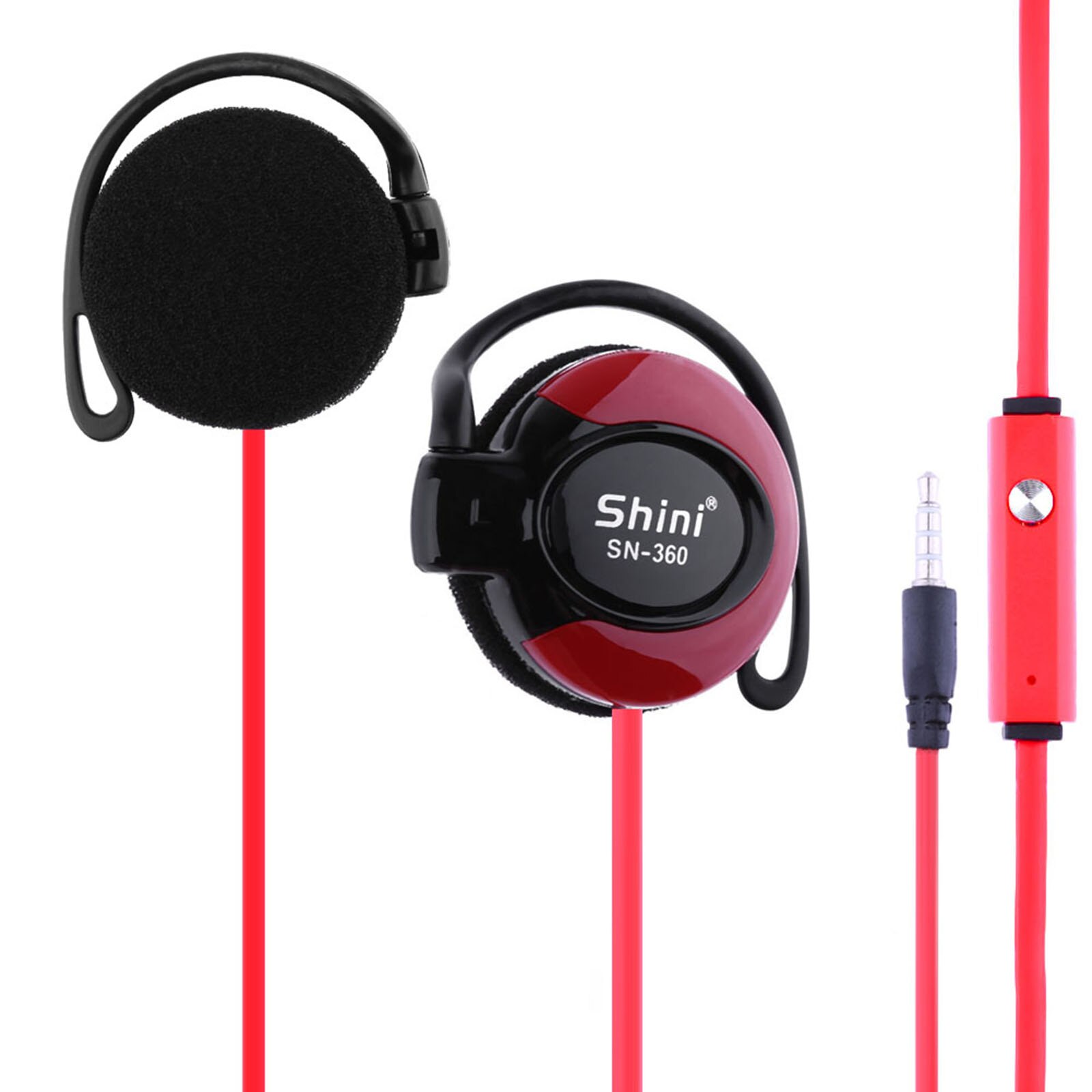 SHINI SN-360 Ear Hook Headsets 3.5mm Wired Stereo Music Earphones Game Sports Headphone with Mic for Smartphone Tablet PC Laptop: Red