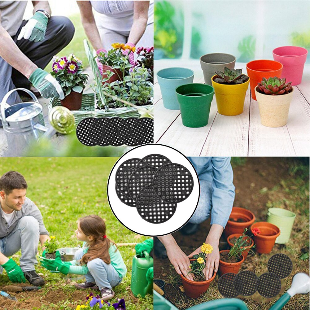 100pcs Natural Rubber Flower Pot Mat and Flower Pot Hole Mesh Pad Bottom Grid Mat for Anti Corrosion Breathable(Round-Black)