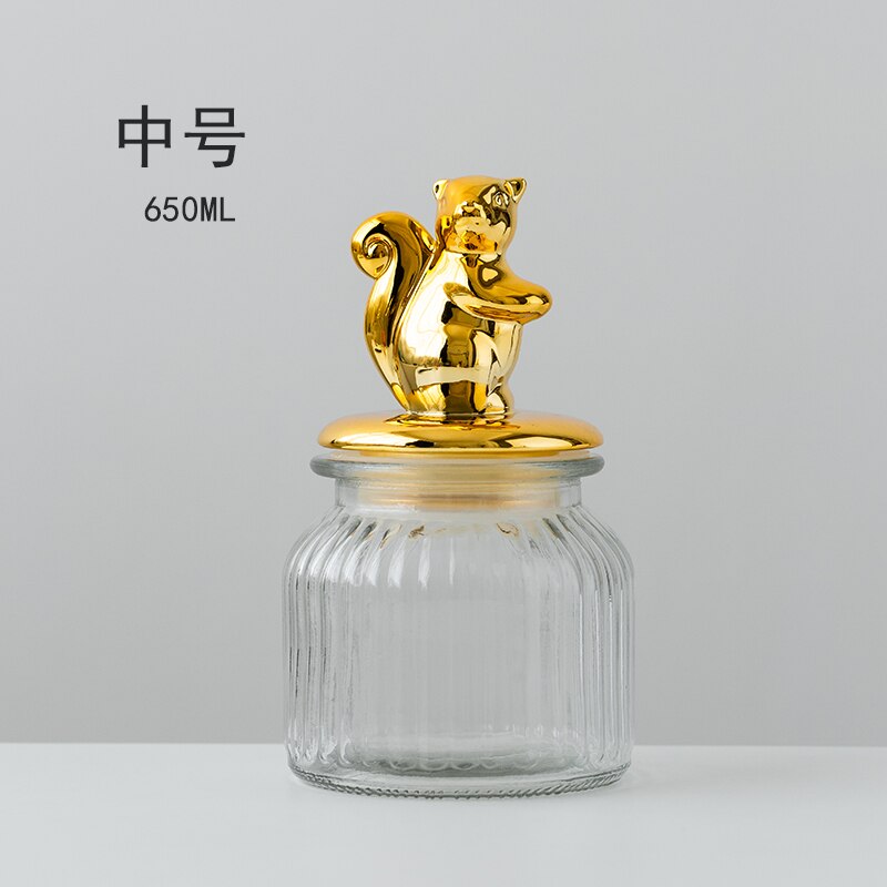 Transparent Glass Storage Jar Golden Ceramic Lid Cute Snack Tea Storage Food Grade Candy Jar Kitchen Storage Supplies: squirrel-M