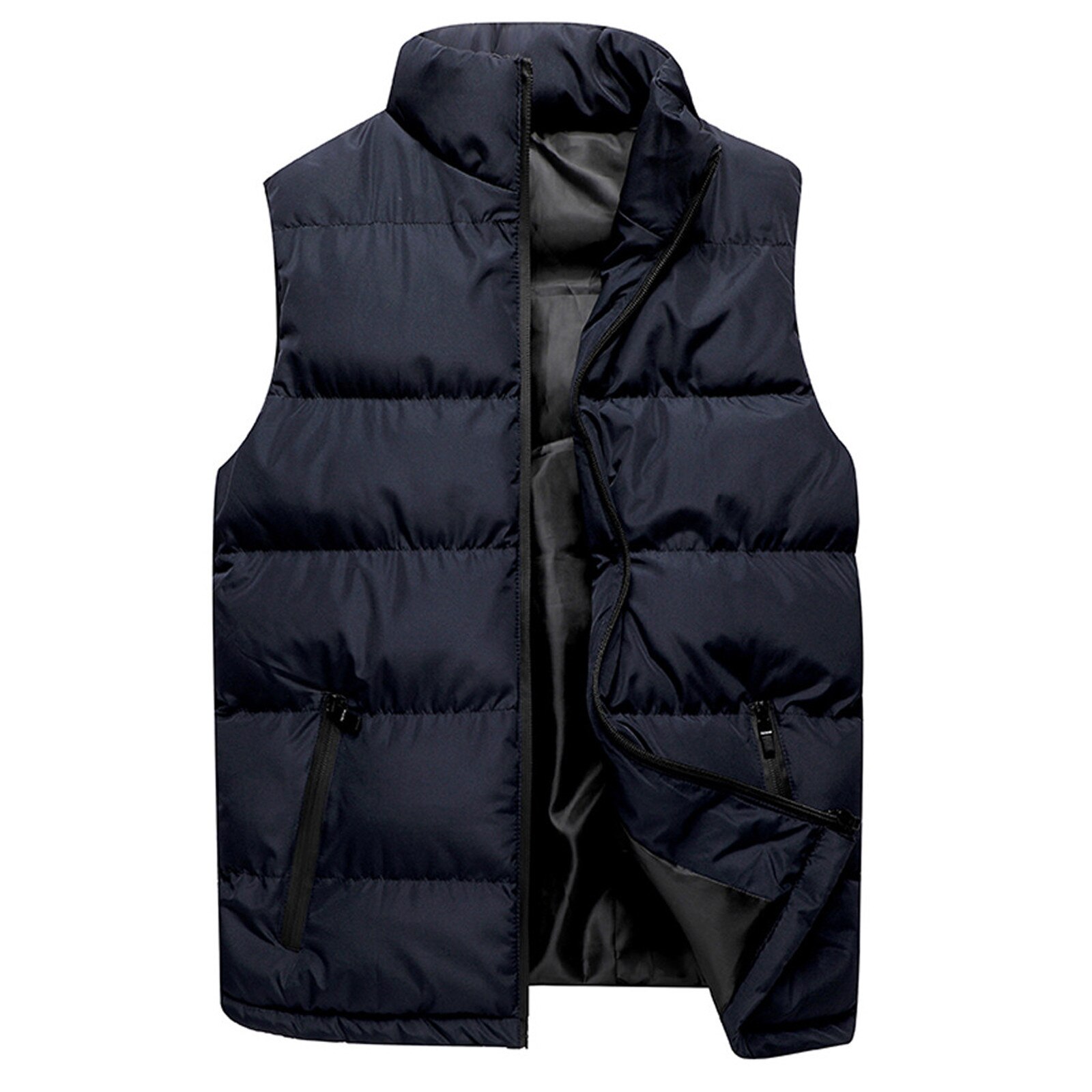Hommes Veste Sans Manches Gilet Hiver Mâle Couleur Pure Gilet Gilet Manteaux Homme Col Montant Épaissir Grande Taille Gilets: Marine Bleu / M