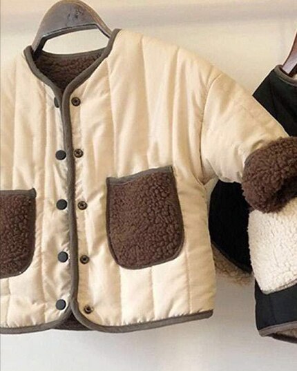 Autumn Winter Boys and Girls Regular Korean Style Cotton Kids Jacket Single-Breasted Pockets Warm Fashionable: Beige / 6M