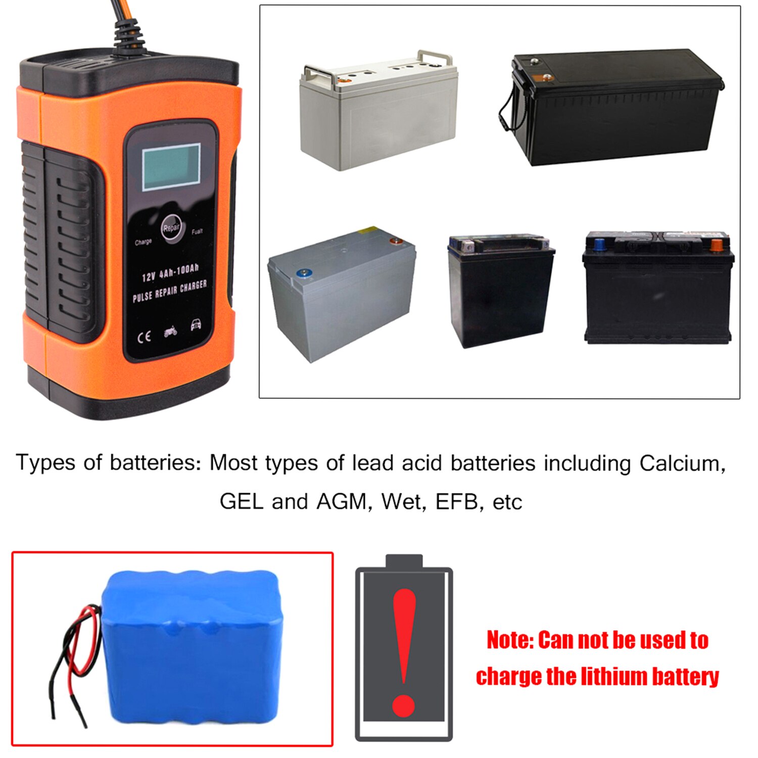 12V 6A LCD Smart Fast Car Battery Charger for Auto Motorcycle Lead-Acid AGM GEL Batteries Intelligent Charging 12 V Volt 6A