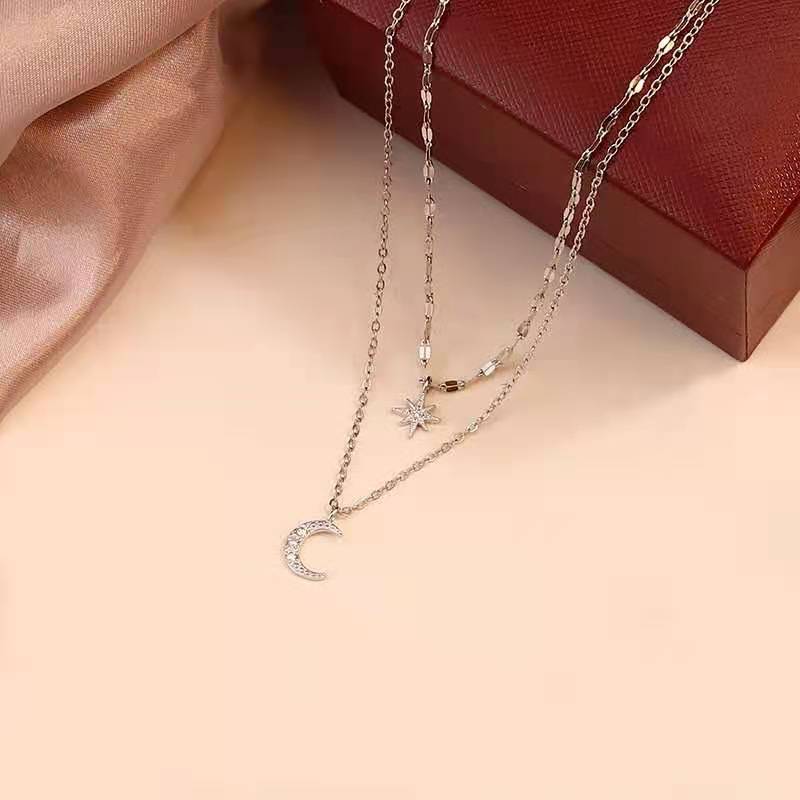 925 Sterling Silber Doppel Kette Zirkon Stern Halsband Mond Anhänger exquisit Halskette Hochzeit für Frauen Feine Schmuck