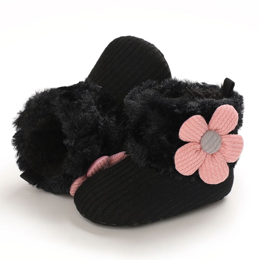 0-18m bébé filles bottes de neige doux fausse fourrure tricot fleur chaussons anti-dérapant infantile Prewalkers: E / 7-12 mois