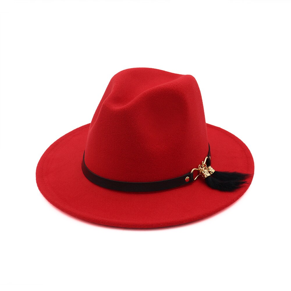 HanXi Winter Women Hat Wool Fedoras Felt Hat Lady Classical Flat Brim Cap PU Leather Band Metal Buckle: red