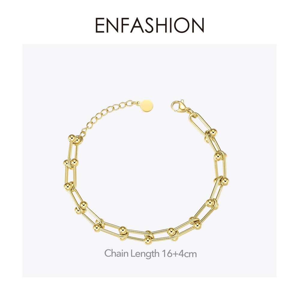 Enfashion oco link chain pulseiras para mulheres de aço inoxidável cor ouro grânulo ajustável pulseira moda jóias presentes b2082