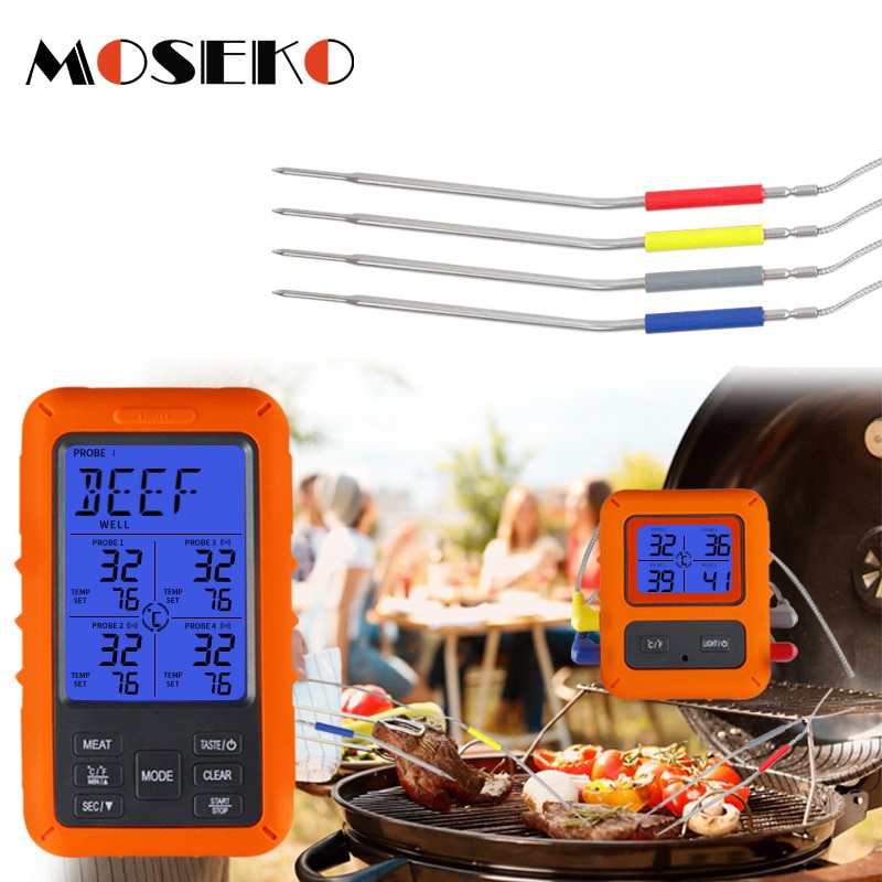 Moseko 100M Remote Draadloze Voedsel Keuken Thermometer 4 Probes Koken Vlees Thermometer Voor Bbq Oven Grill Roker, met Timer