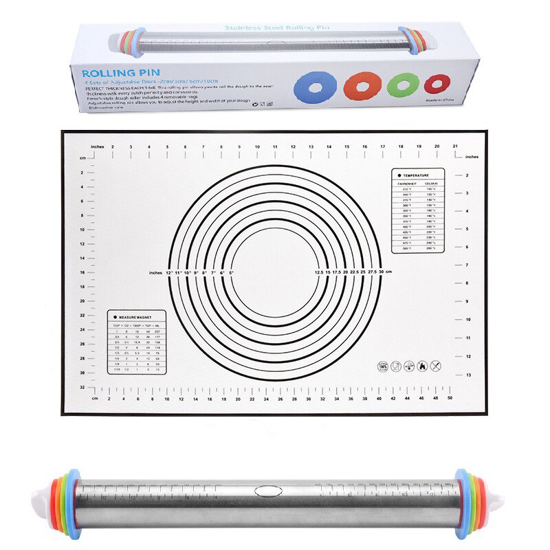 Rodillo de acero inoxidable de silicona para hornear, estera de pastelería, utensilios de cocina para hornear masa, Pizza, pasteles, Pasta y galletas: Baking Set 2
