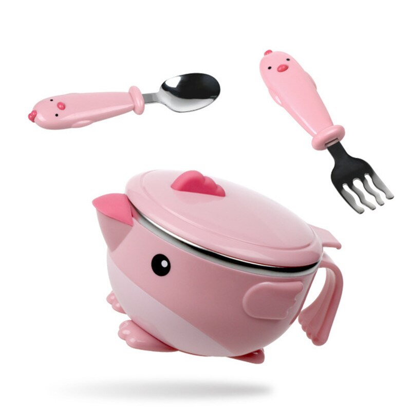 Children dishes set Baby tableware Kit Stainless Steel feeding bowl Spoon Fork Cup Heat preservation bowl: Pink-3