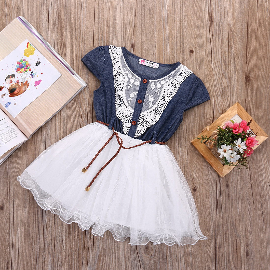 Vestidos de tul de tela vaquera con cinturón de encaje para niñas bebés y niñas de 1 a 6 años: Blanco / 3 años
