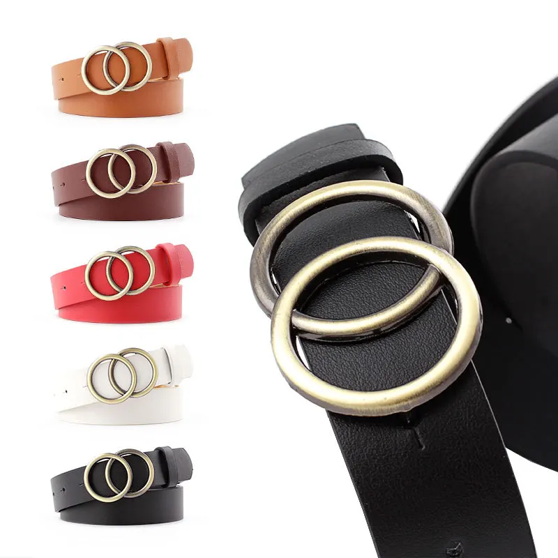 Big Double Ring Circle Metal Buckle Belt Women Wild Waistband Ladies Wide Leather Straps Belts for Leisure Dress Jeans