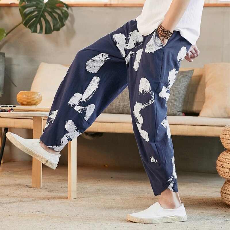 Kimono spodnie Streetwear chińskie tradycyjne ubrania dla mężczyzn szerokie nogawki japońskie spodnie lniane Baggy Hippie spodnie męskie 10627