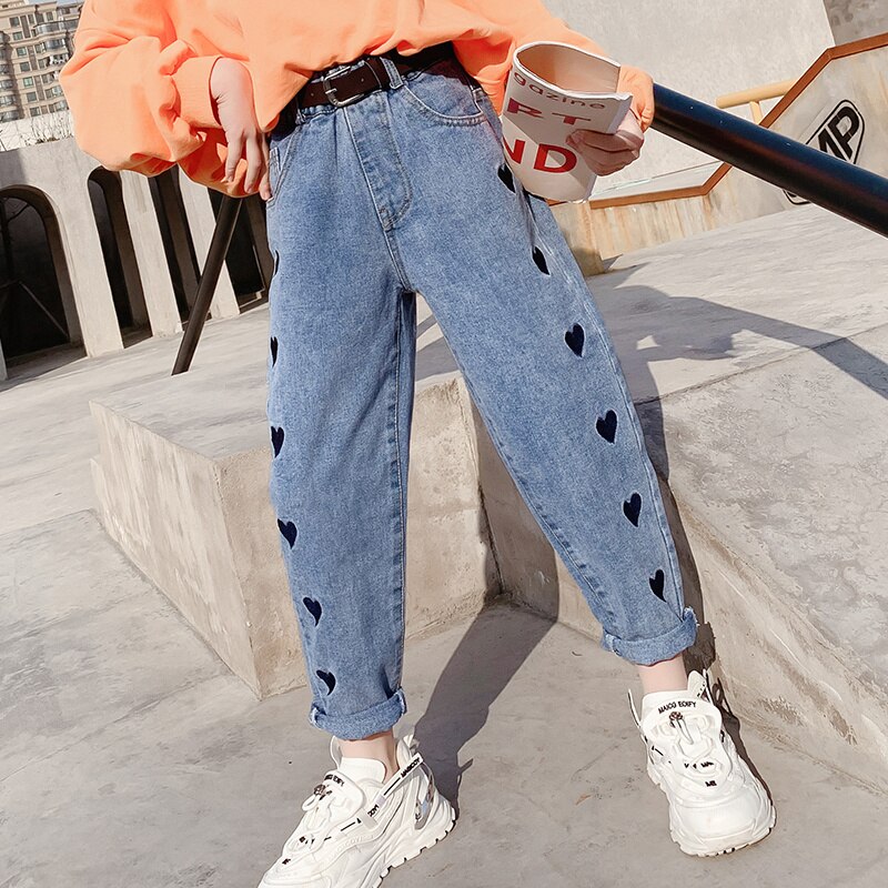 Pantalones vaqueros con patrón de corazón para niñas, ropa para niños, 4, 5, 6, 7, 8, 9, 10, 11, 12 años