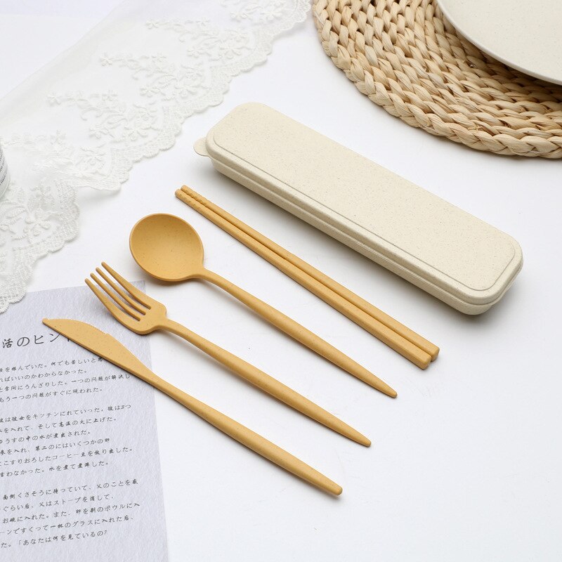 Couverts portables de voyage, boîte de couverts portables de voyage Style japonais couteau à paille de blé fourchette cuillère baguettes pour étudiants service de vaisselle de cuisine 4 pièces/ensemble: A1-4pcs and box