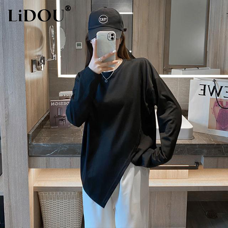 2023 nueva coreana de otoño Irregular estilo Hipster calle Neutral Normcore camiseta Top de Color sólido para mujer