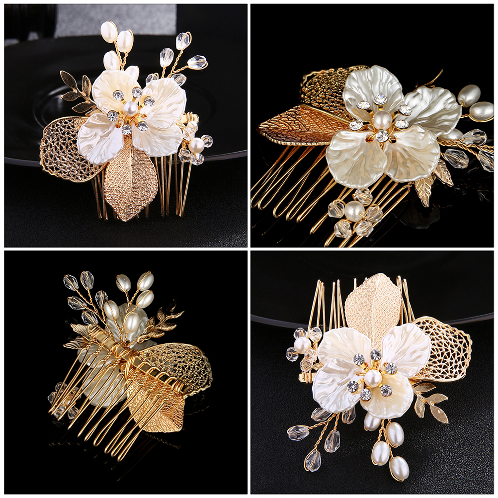 1 Pc Bloem Haar Kam Legering Haar Decor Parel Kant Haar Kam (Golden)